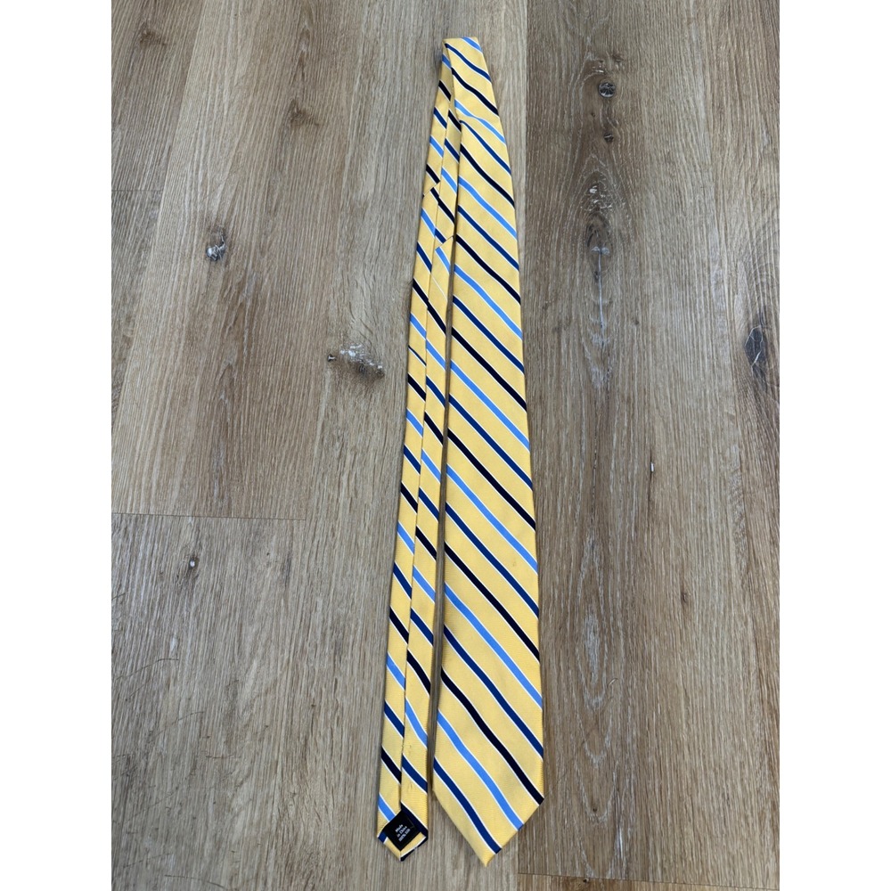 Stafford Mens Yellow Blue Navy Diagonal Striped 100% Silk‎ Necktie Classic Tie